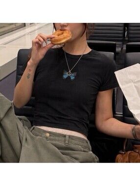 Y2K Butterfly Baby Tee BlackCropped T Shirt Womens Small